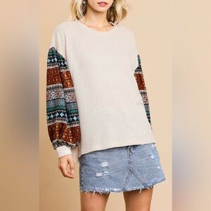 NEW Umgee Oversized Waffle Knit Top Aztec Print Long Balloon Sleeves Size L